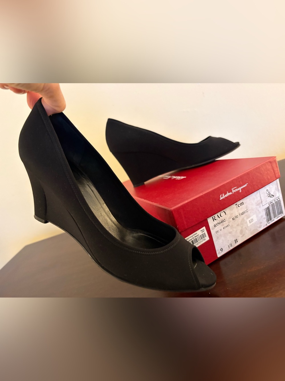 Salvatore Ferragamo Black Peep-Toe Fabric Wedge Pumps